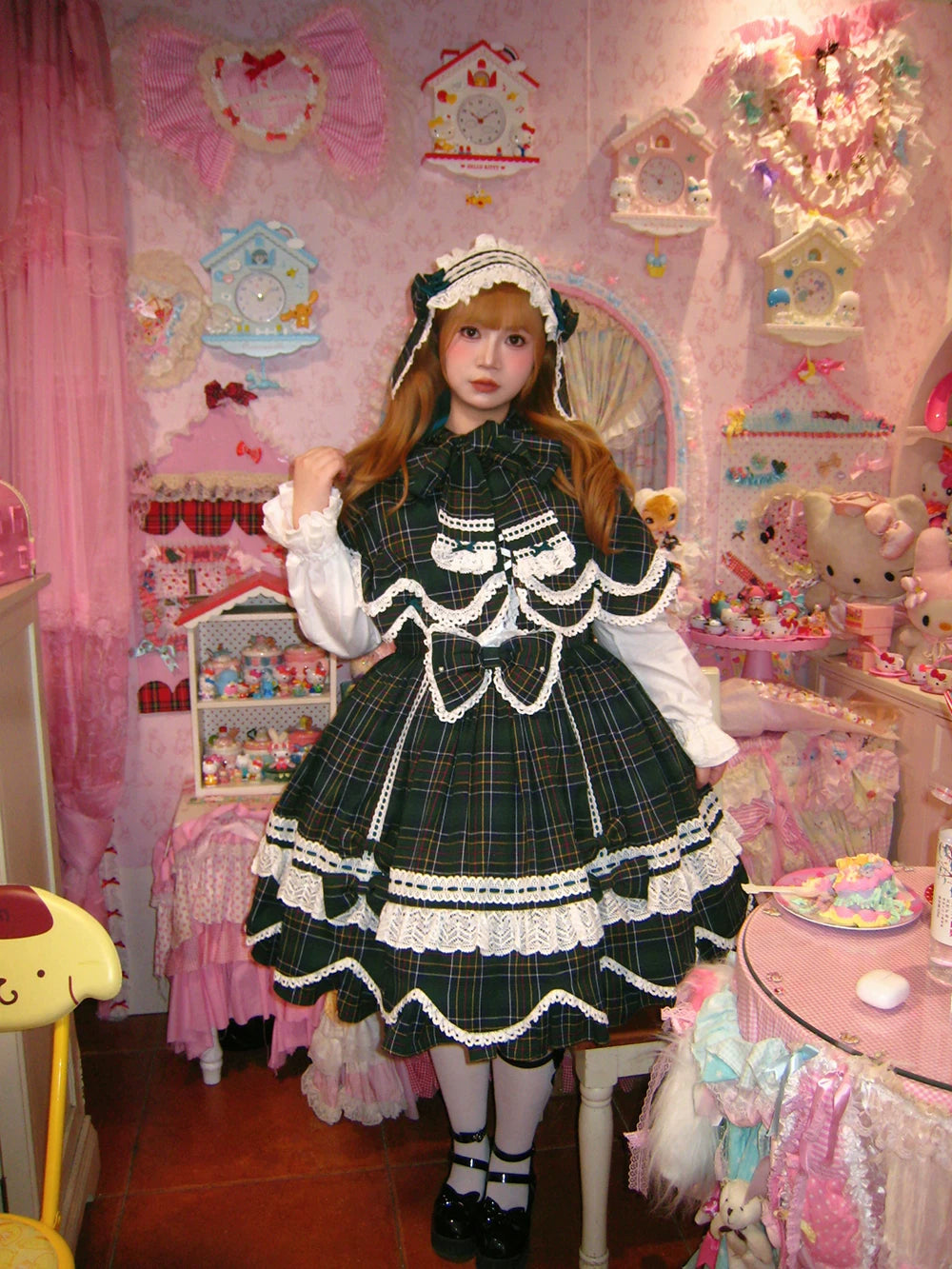 Plaid Petal Bunny - Old School Lolita Bunny Ear Cape, Lace-trimmed Petal Hem 45983:870730