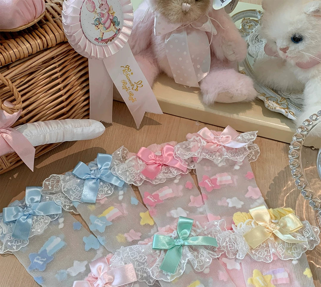 Sweet Lolita Star Embroidered Socks with Colorful Satin Bow 45610:855330