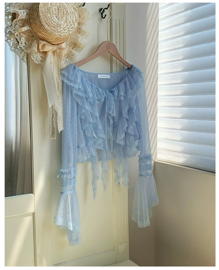 With PUJI~Letters and Poetry~Summer Classic Lolita Tulle Lace Bolero with Multi-Color Water Blue S