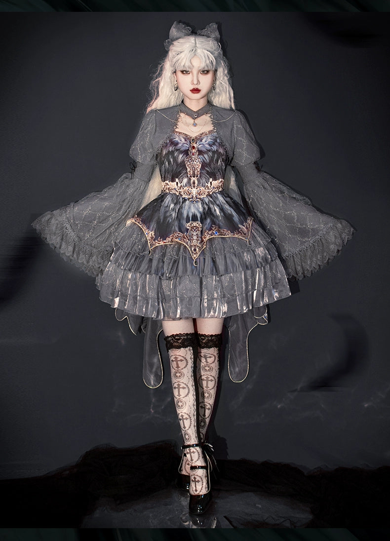 Urtto~Gray Feather~Elegant Lolita JSK Dress Spring Summer Lolita Dress S Set (JSK + bolero) 