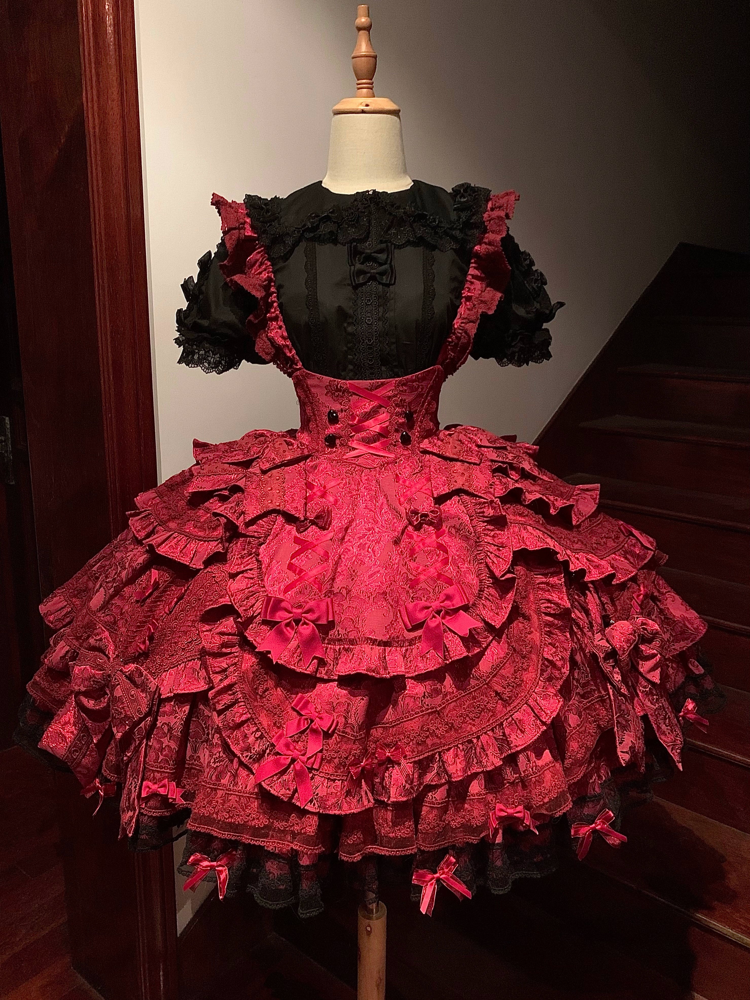 Lost Aqua - Vintage Lolita Dress Set Cotton Shirt XS Dark red JSK