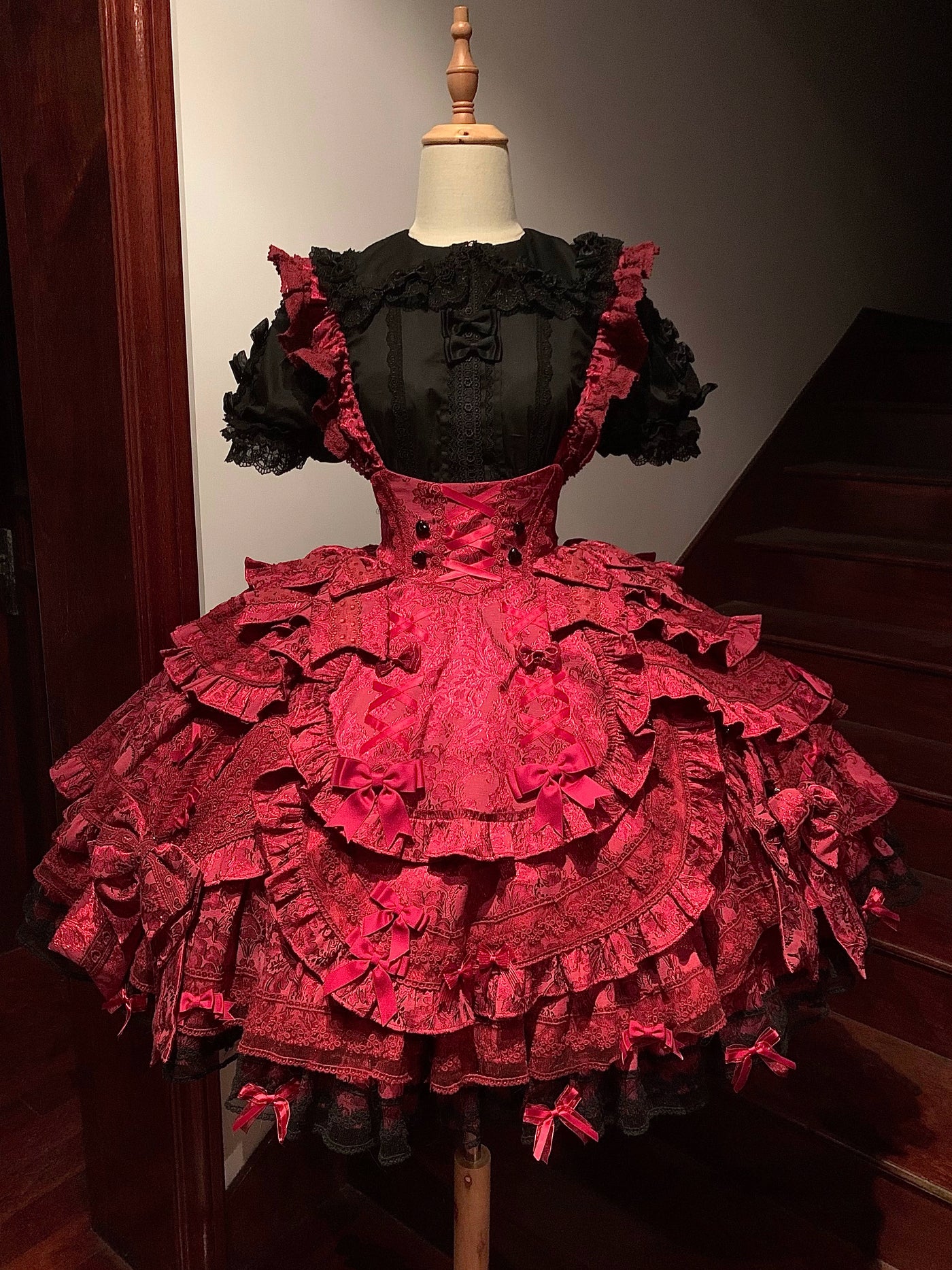 Lost Aqua~Vintage Lolita Dress Set Cotton Shirt XS Dark red JSK 