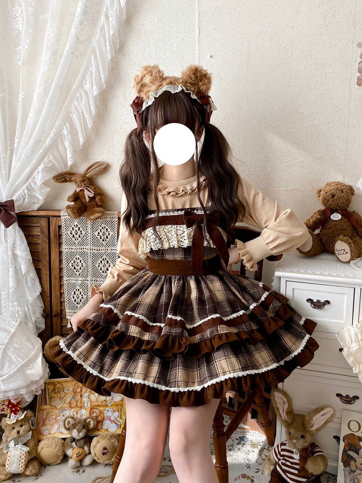 Qianmu~Caramel Cocoa~Sweet Lolita JSK Plaid Design Autumn and Winter Dress   