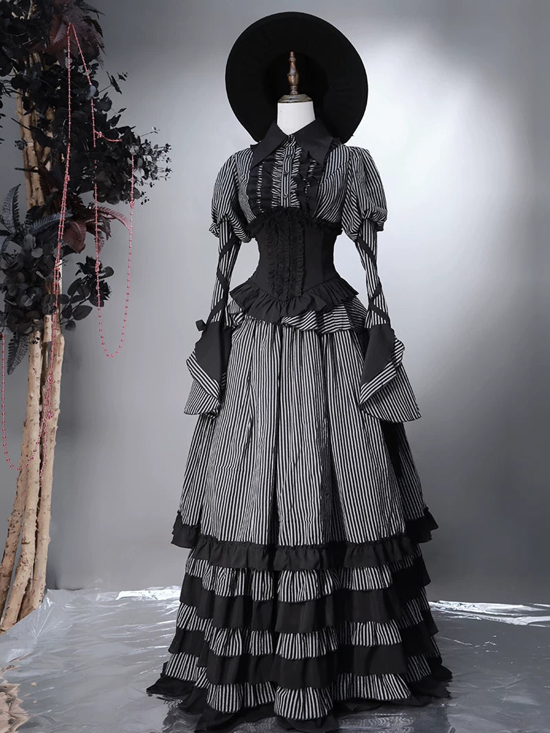 Striped Wednesday - Gothic Lolita Striped Blouse Set, Ruffled Corset 45176:838936