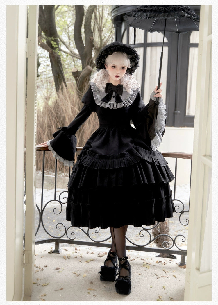 With PUJI~Midnight Chronicles~Black Old School Lolita OP Dress with Princess Sleeve