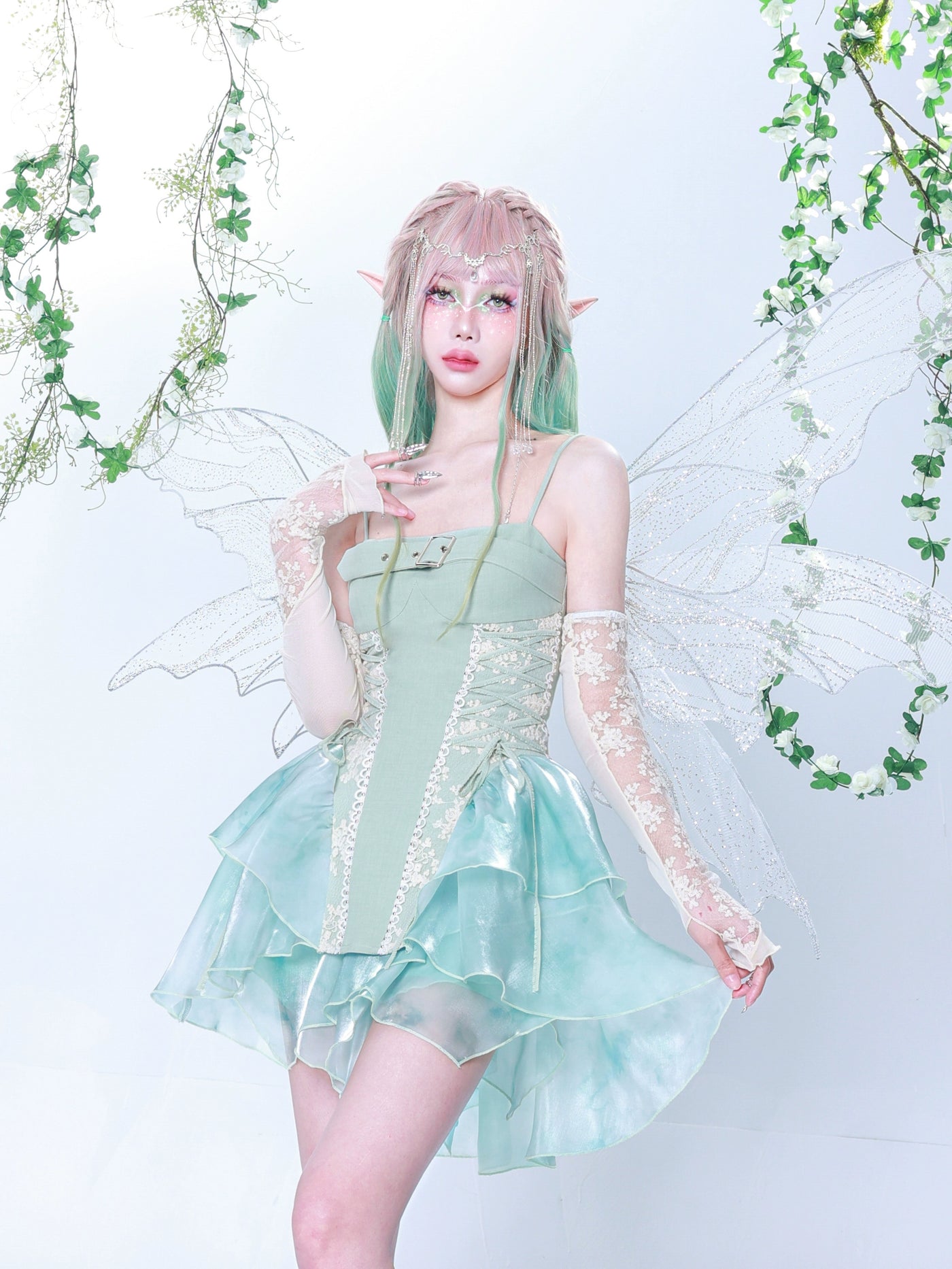 Virtual~Daydreaming~Sweet Lolita Lace Tie-dye Print Long Camisole S viridis 