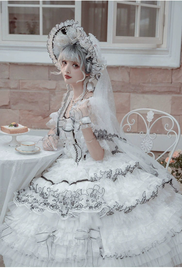 Cat Fairy~Dark Starry Night~Wedding Lolita Jumper Dress Black And White Tea Party Dress