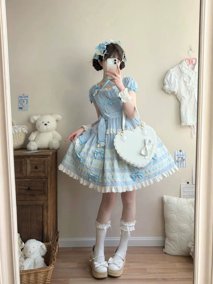 Uncle Wall Original~Cream Piping Artist~Cotton Sweet Lolita OP Halter-neck Dress With Accessory