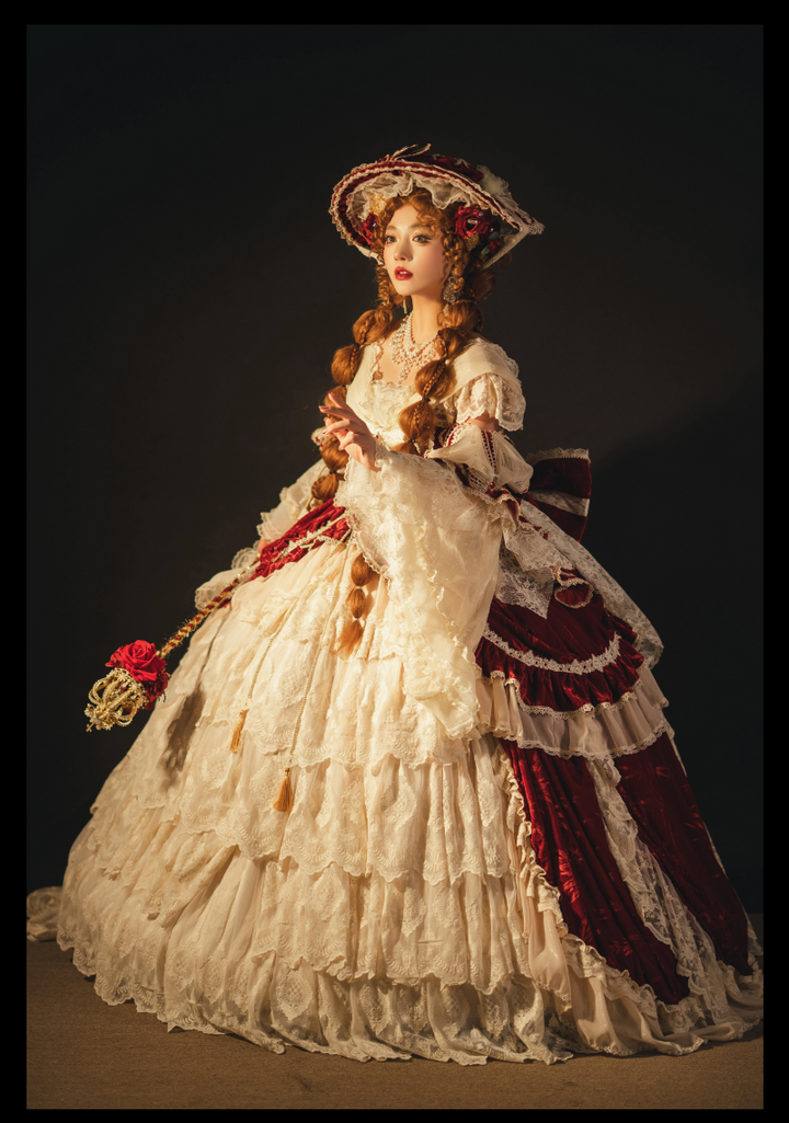 Guaji~Isabella~Wedding Lolita OP Bridal Dress with Tiered Petticoat and Trailing Wine Red - OP + Floor Length Petticoat S