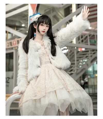 Urtto~Snow Song~Winter Lolita Coat Faux Fur Warm Plush Set   