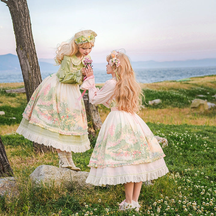 Flower and Pearl Box~Wild Flowers and Fragrant Grass~Country Lolita Dress Floral Print JSK and OP Dress Set