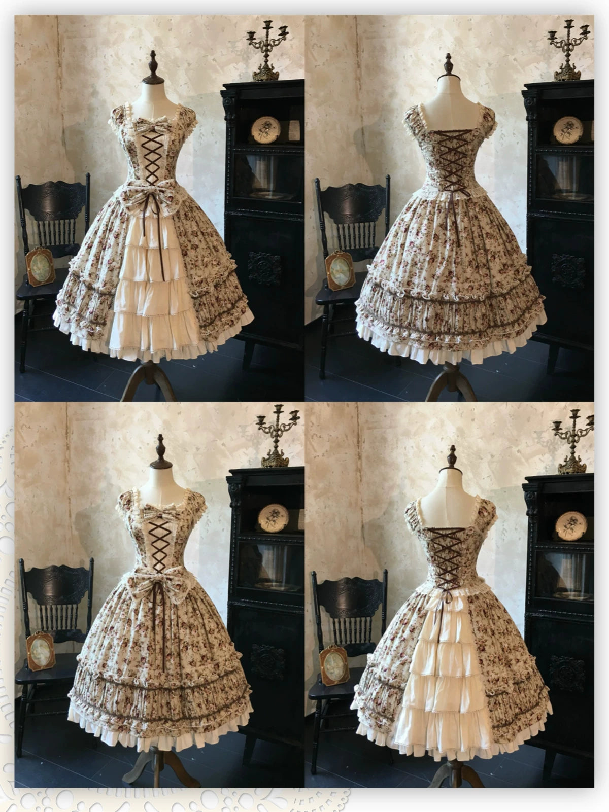 Old Rose Garden - Cotton Old School Lolita Top & Skirt Set, Floral Print (Blue Brown / L M S XL XS) 45886:866520