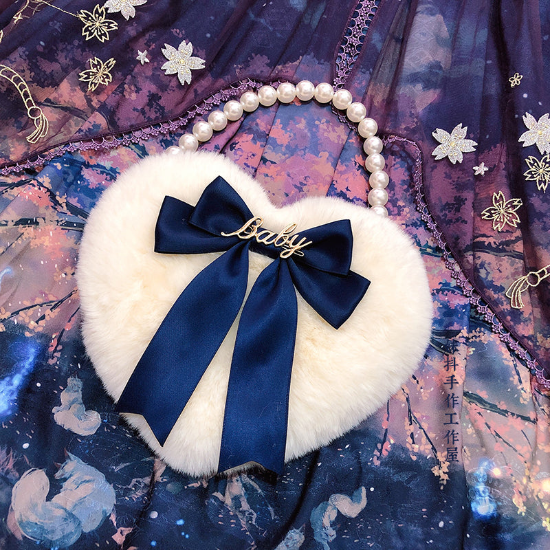 MAID~Kawaii Lolita Heart Bag Plush Pearl Chain Handbag Navy Blue  
