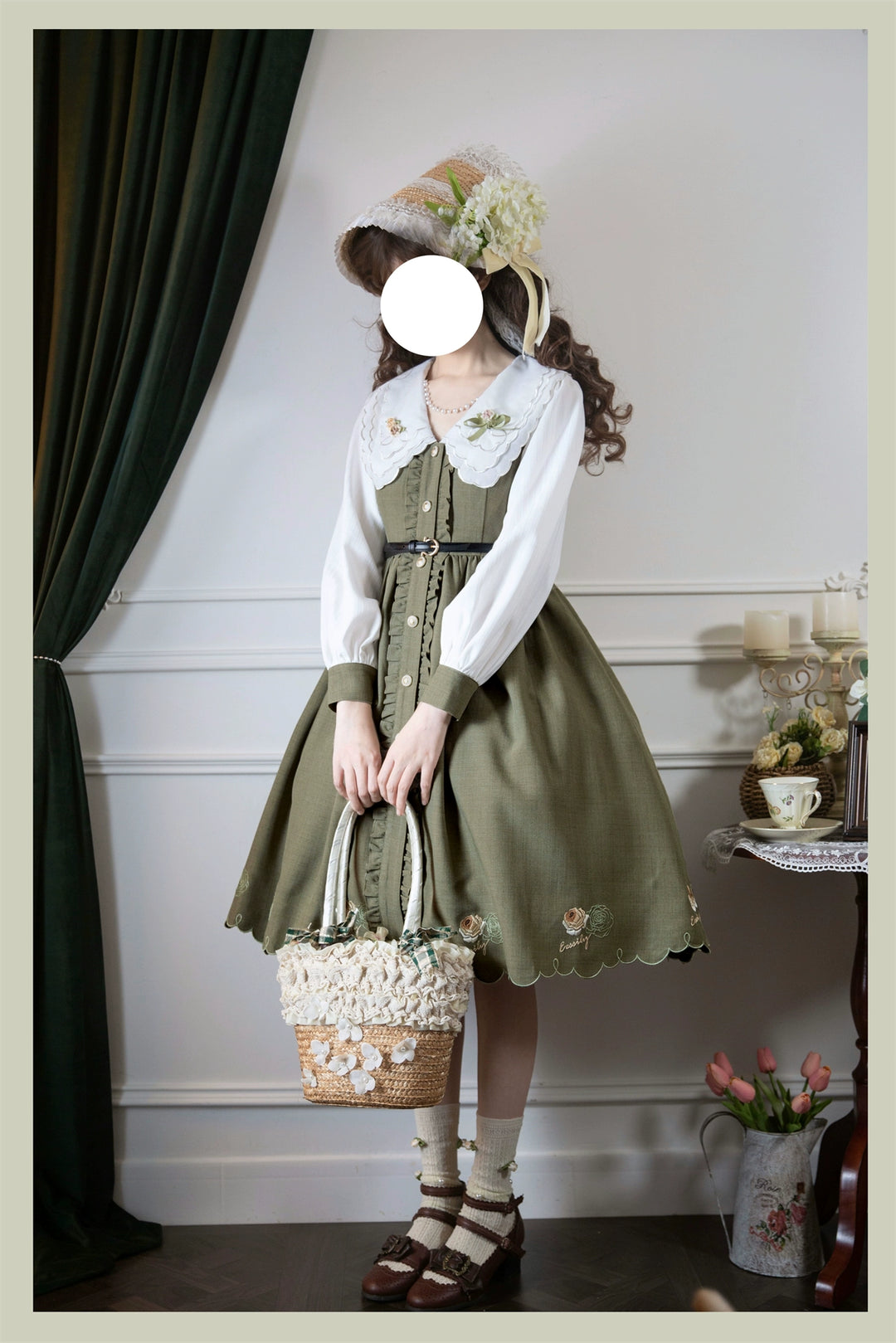 EESSILY~Window Rose~Classic Lolita OP Front Buttoned Embroidery Lolita Dress