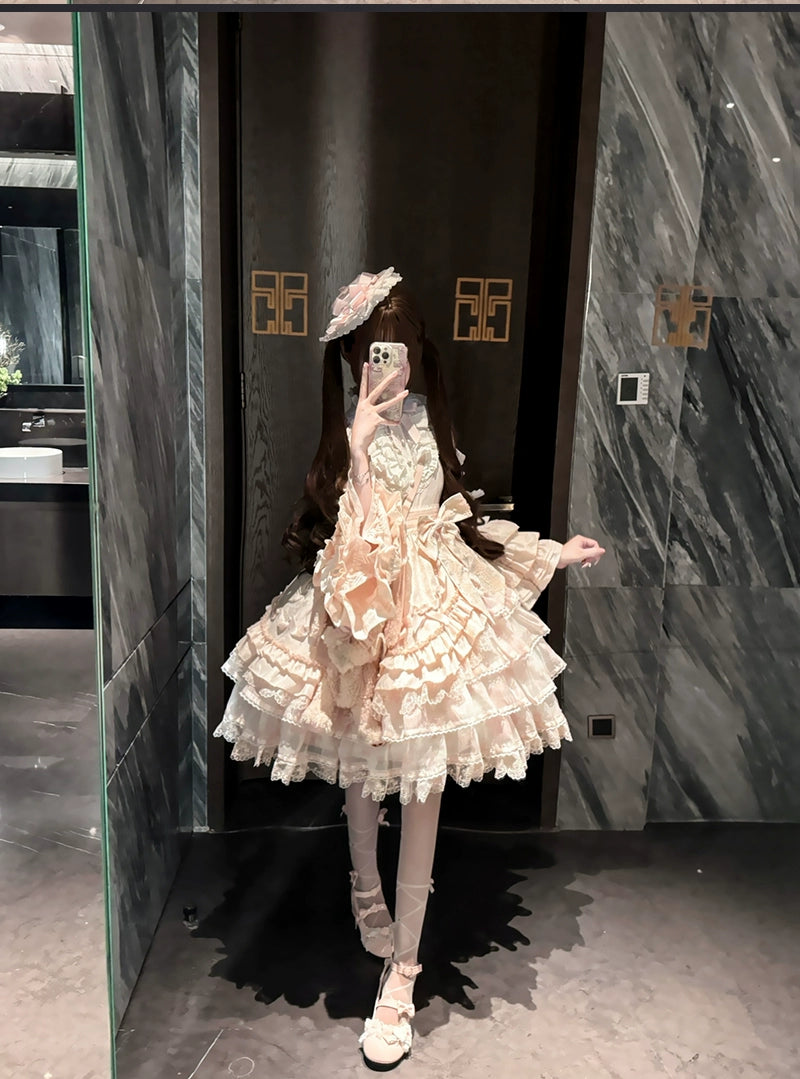 Buling Moon - Solo Puppet - Sweet Lolita OP Dress with Princess Long Sleeves Pink OP + top hat S