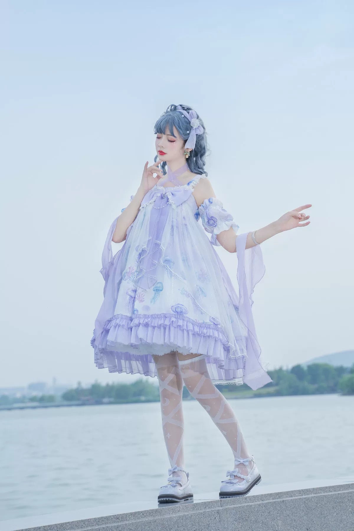 Coral Jellyfish - Sweet Lolita High-waist JSK Dress, Jellyfish & Coral Print 44906:827428