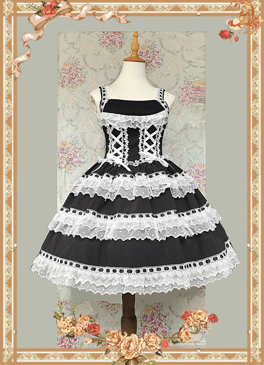 Mirror Doll - Old School Lolita Tiered Hem JSK with Polka Dot Lace (L M S XL) 45540:853652