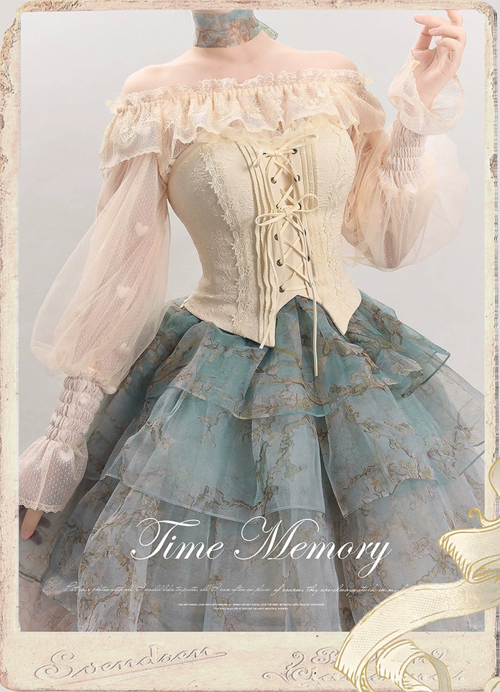 Time Memory~Layered Heart~Sheer Classic Shirt with Mutton Sleeves & Polka Dot Beige (light apricot) Heart Dot - Shirt Only - in stock F