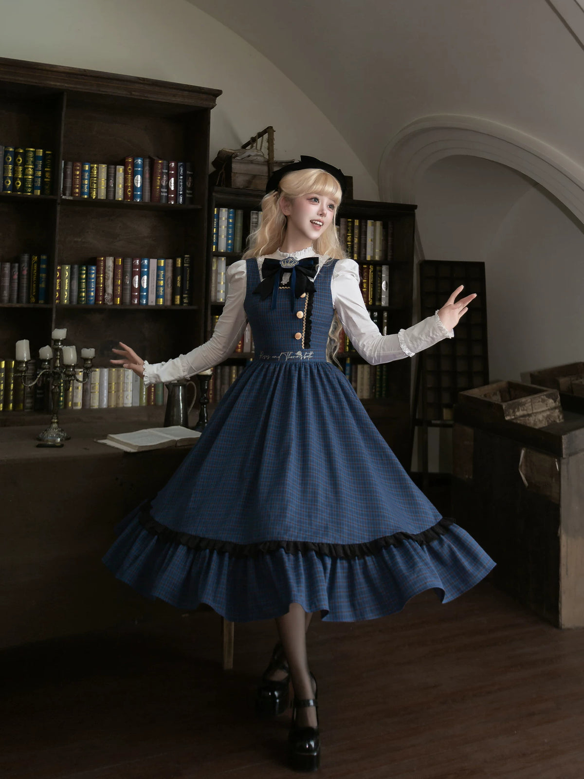 Heide Diary - Classic Lolita Blouse & JSK Dress Set, Blue Plaid