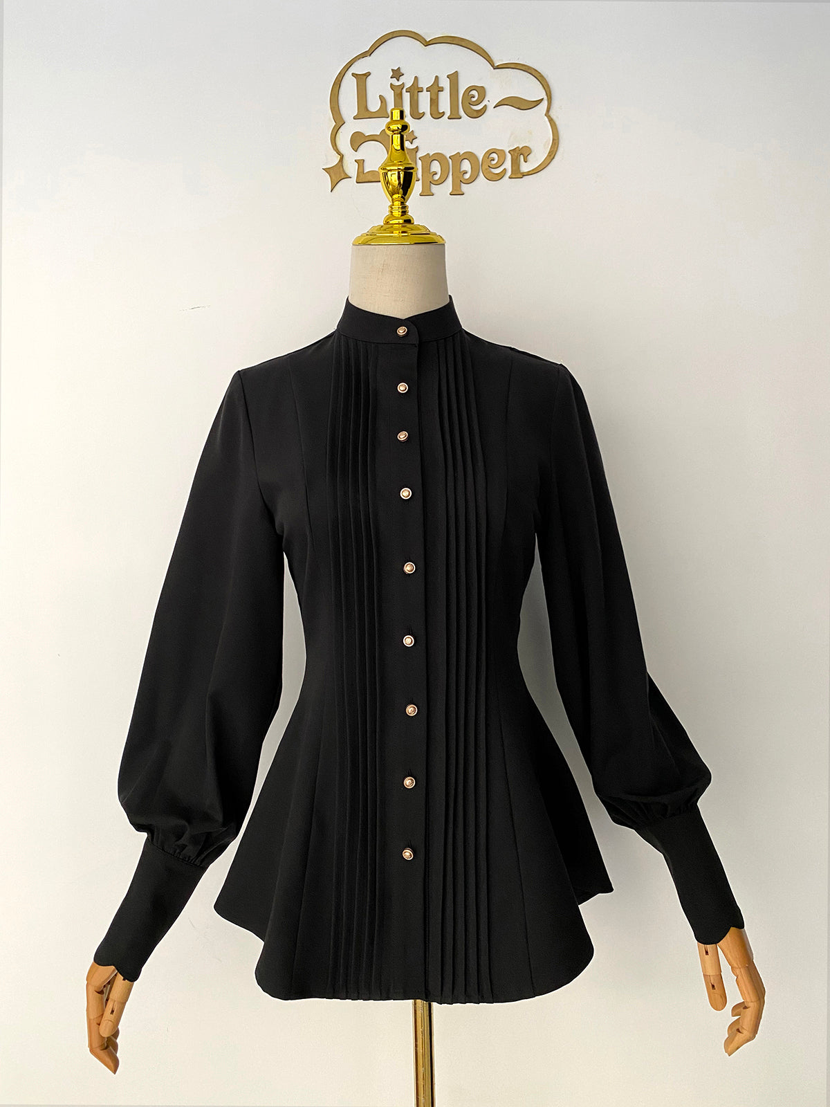 Little Dipper - Elegant Lolita Mutton Sleeve Stand Collar Blouse Black S