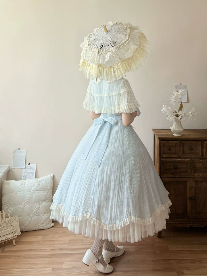 Kuma~Little Wind Chime~Elegant Lolita OP Water Blue Dress With Decorative Tulle Cape