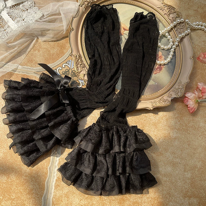 WAGUIR~Sweet Lolita Calf Socks Ruffled Mesh Lace Bow Socks Free size Black socks with black bow 