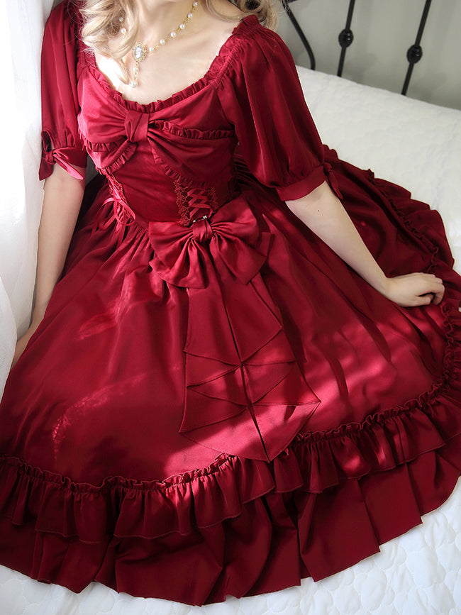 Forest Song - Elegant Lolita Solid Color Bow OP Dress Multicolors