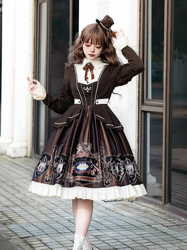 Jinmu~Chocolate Academy~Vintage Lolita OP Long Puff Sleeve Schoolgirl Lolita Dress 40344:657240