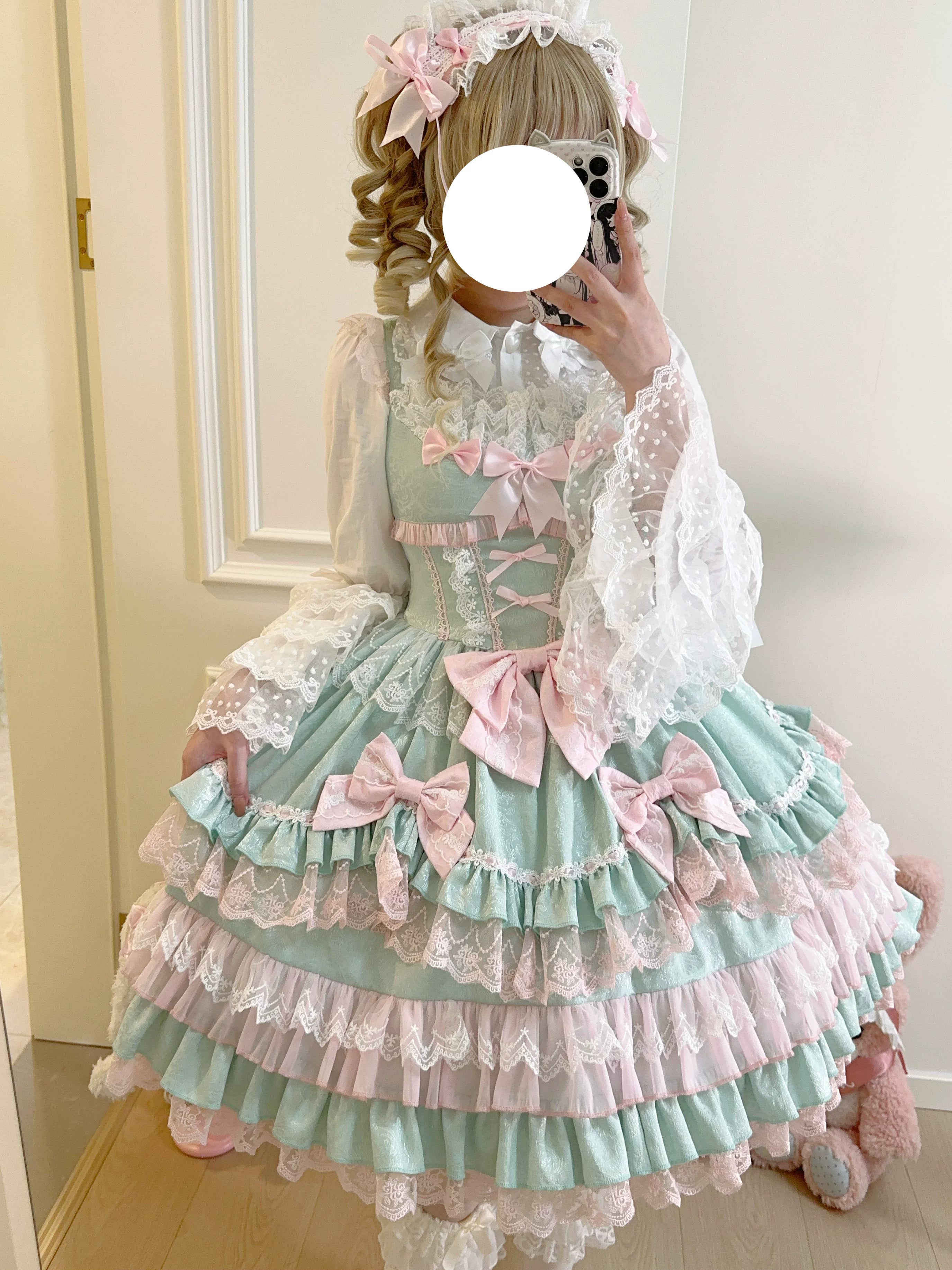 Sugar Girl - Flower Ode - Doll-like Sweet Lolita Jumper Dress Green JSK + Bow Trailing + Headband S
