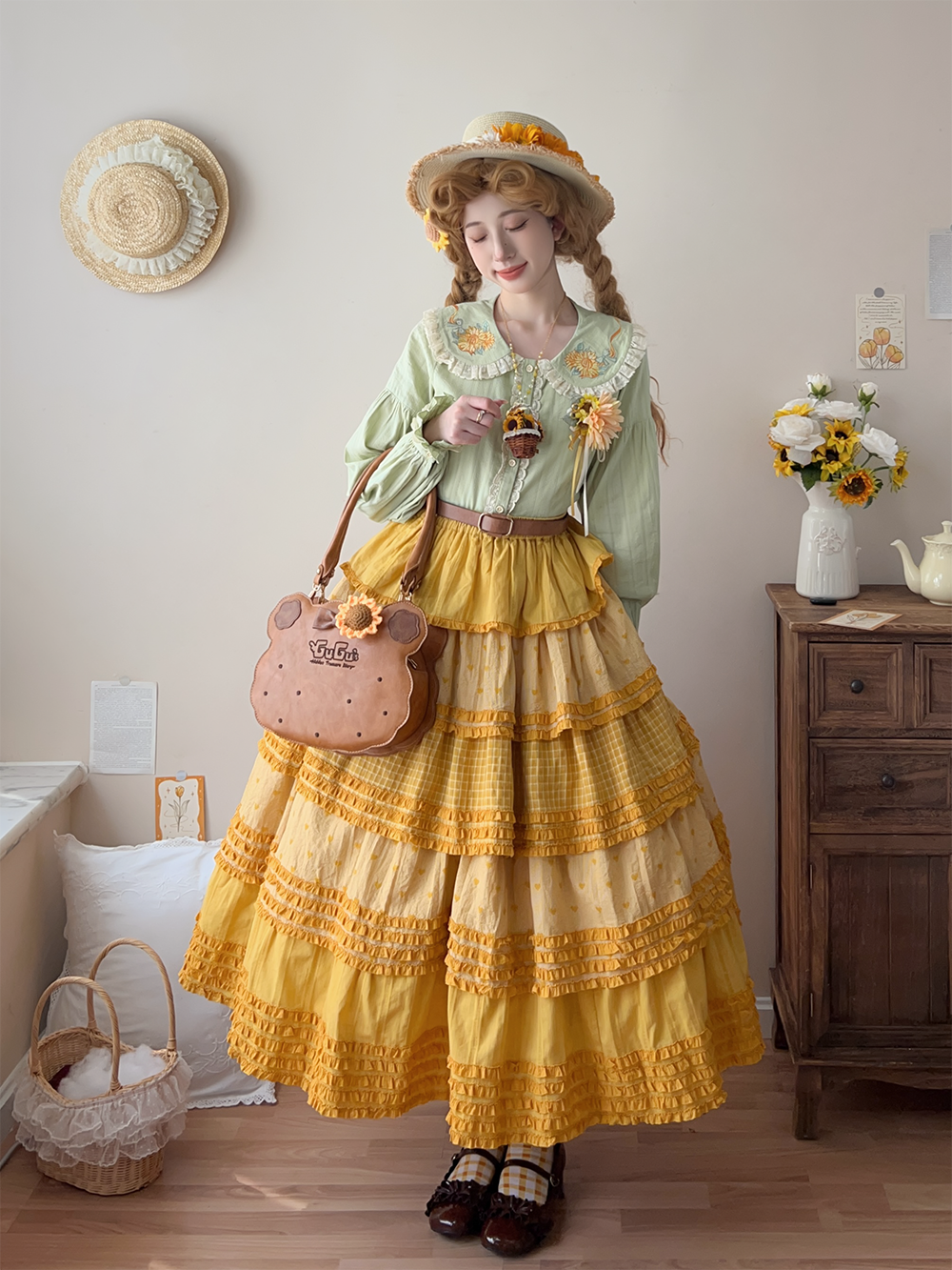 Miss Point~Garden Sunflower~Country Lolita SK Patchwork Tiered-Ruffles Skirt