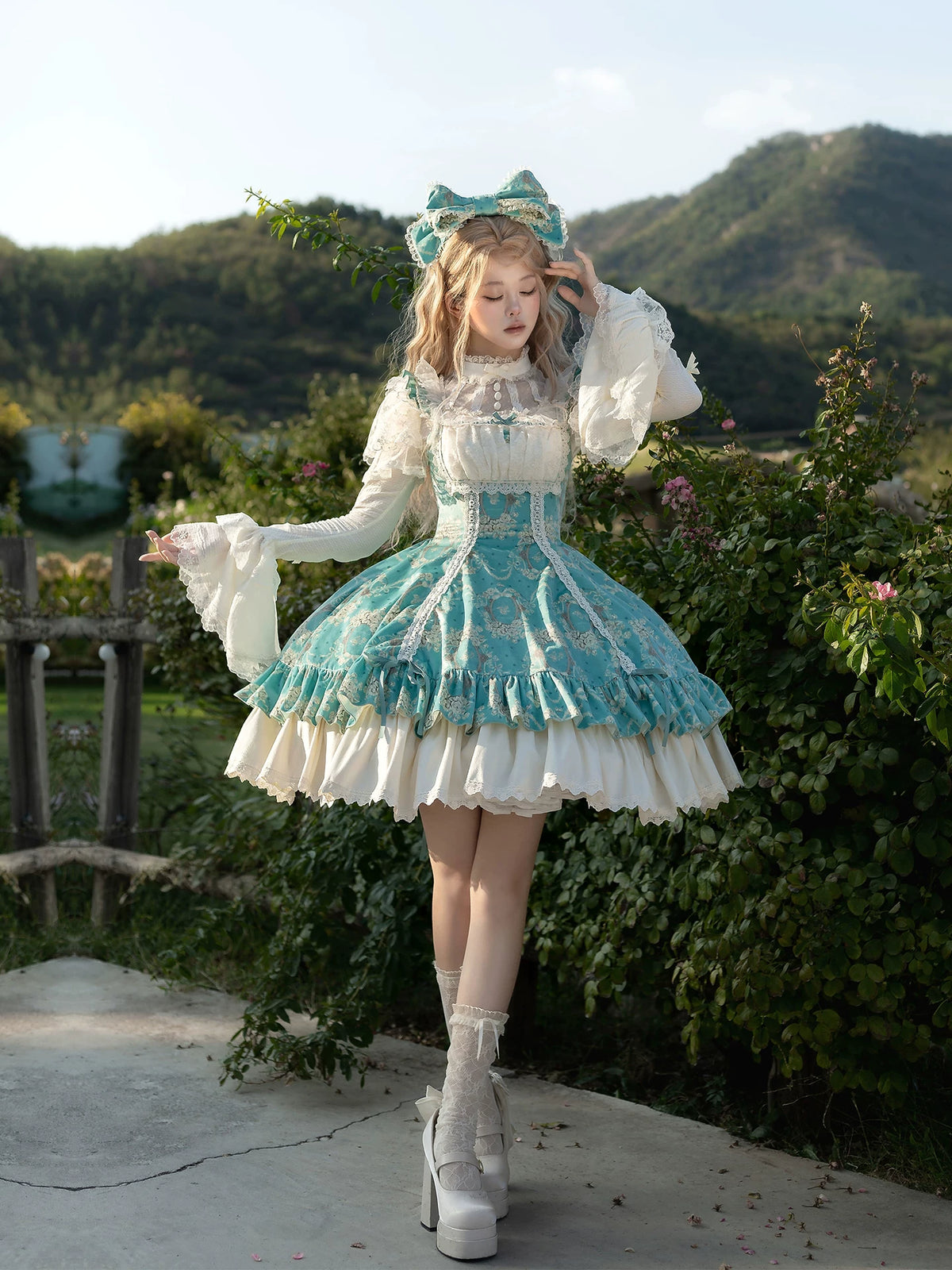 Old Courtyard Floral Letter - Classic Lolita Printed JSK Dress Set, Drawstring Lift-up Hem 46102:875293