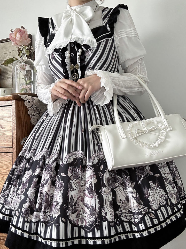 (Buyforme)Little Bear~Gothic Lolita Black and White Striped JSK Set   