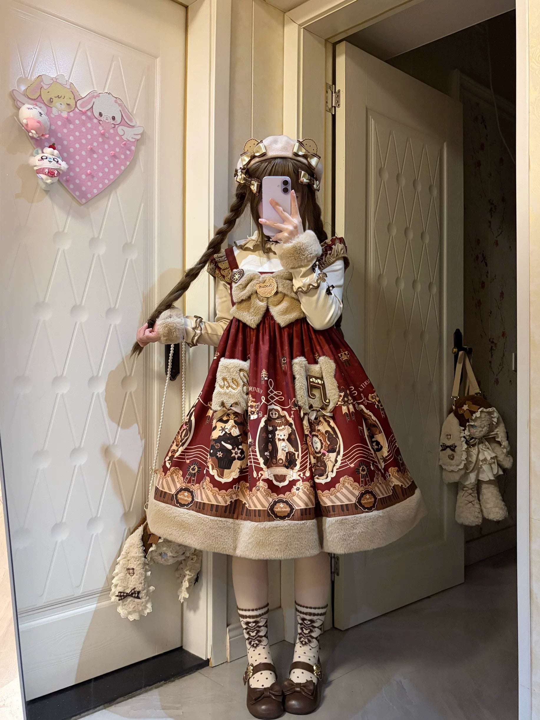 Cream Bear - Print Kawaii Lolita Fake Two-Piece OP, A-lined JSK Dress 44502:811630