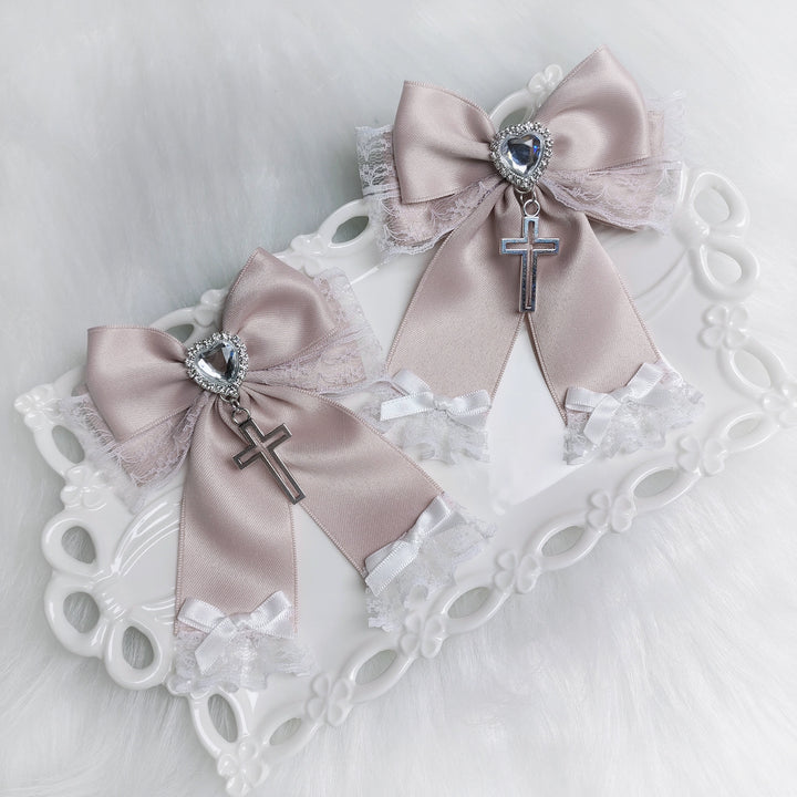 Rabbit Lolita~Landmine~Gothic Lolita Bow Clips Love Lace Cross Hair Accessory White and pink (Korean pink)  