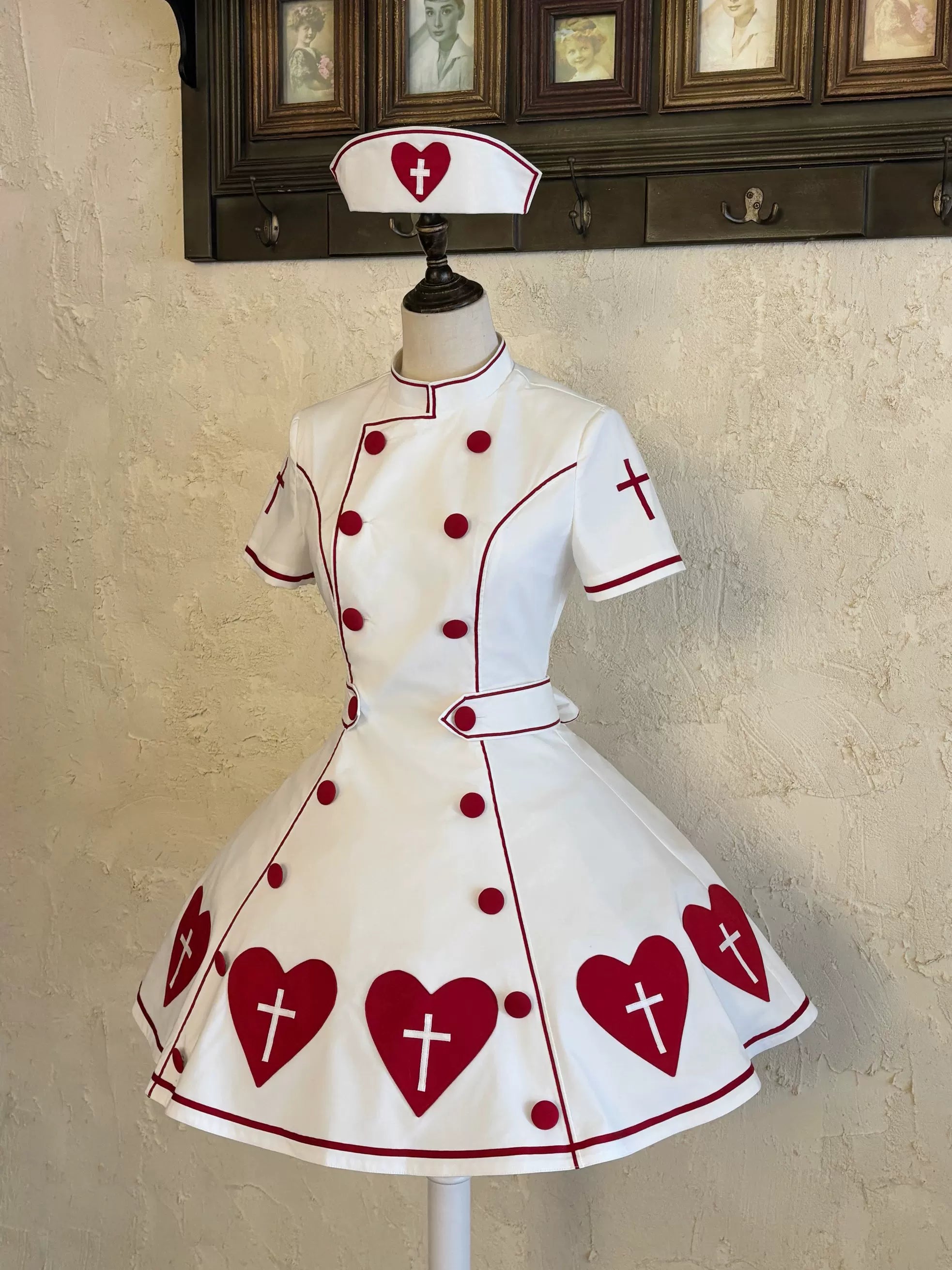 Sweet Heart Hospital - Old School Lolita Stand Collar OP Dress, Heart-cross Patches