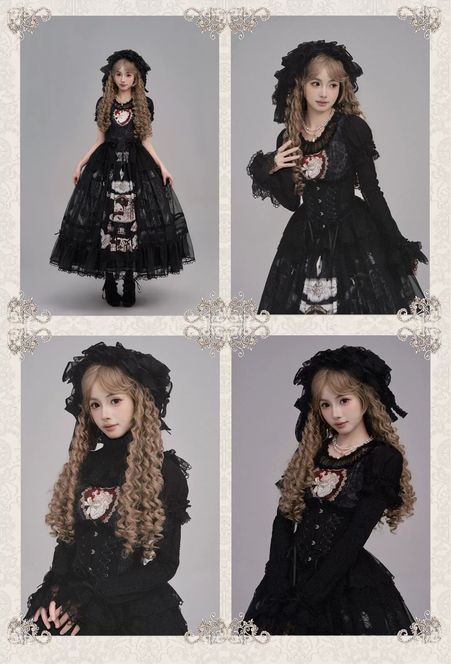 Clockwork Doll - Gothic Lolita Printed Dress, Lace & Bows 45186:839305
