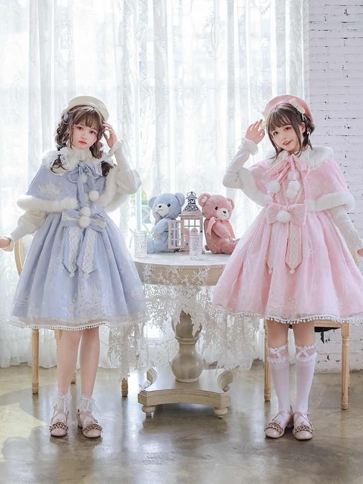 To Alice~Snow Moon Castle~Sweet Lolita Jumper Dress Set Christmas Plush Cape   