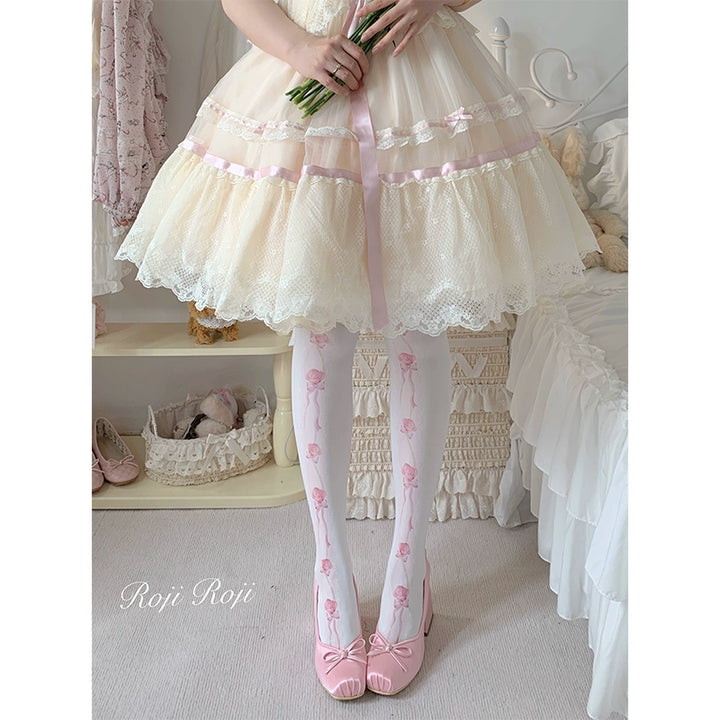 Roji Roji~Sweet Lolita Pantyhose Rose Printed Velvet Thigh Stockings Free size 120D - pantyhose 