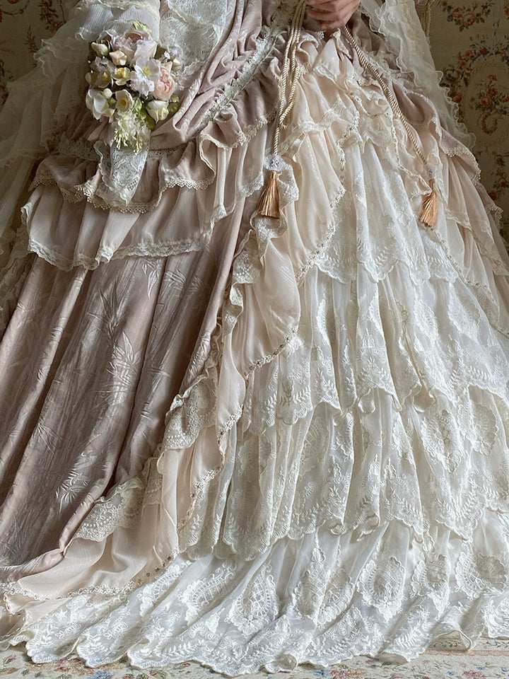 Guaji~Isabella~Wedding Lolita OP Bridal Dress with Tiered Petticoat and Trailing