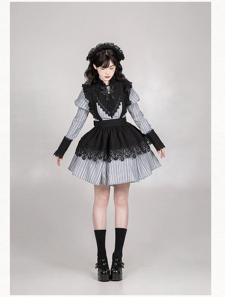 With PUJI~Nocturne SP~Striped Gothic Lolita OP Twin Lolita Dress with Apron 42192:731243