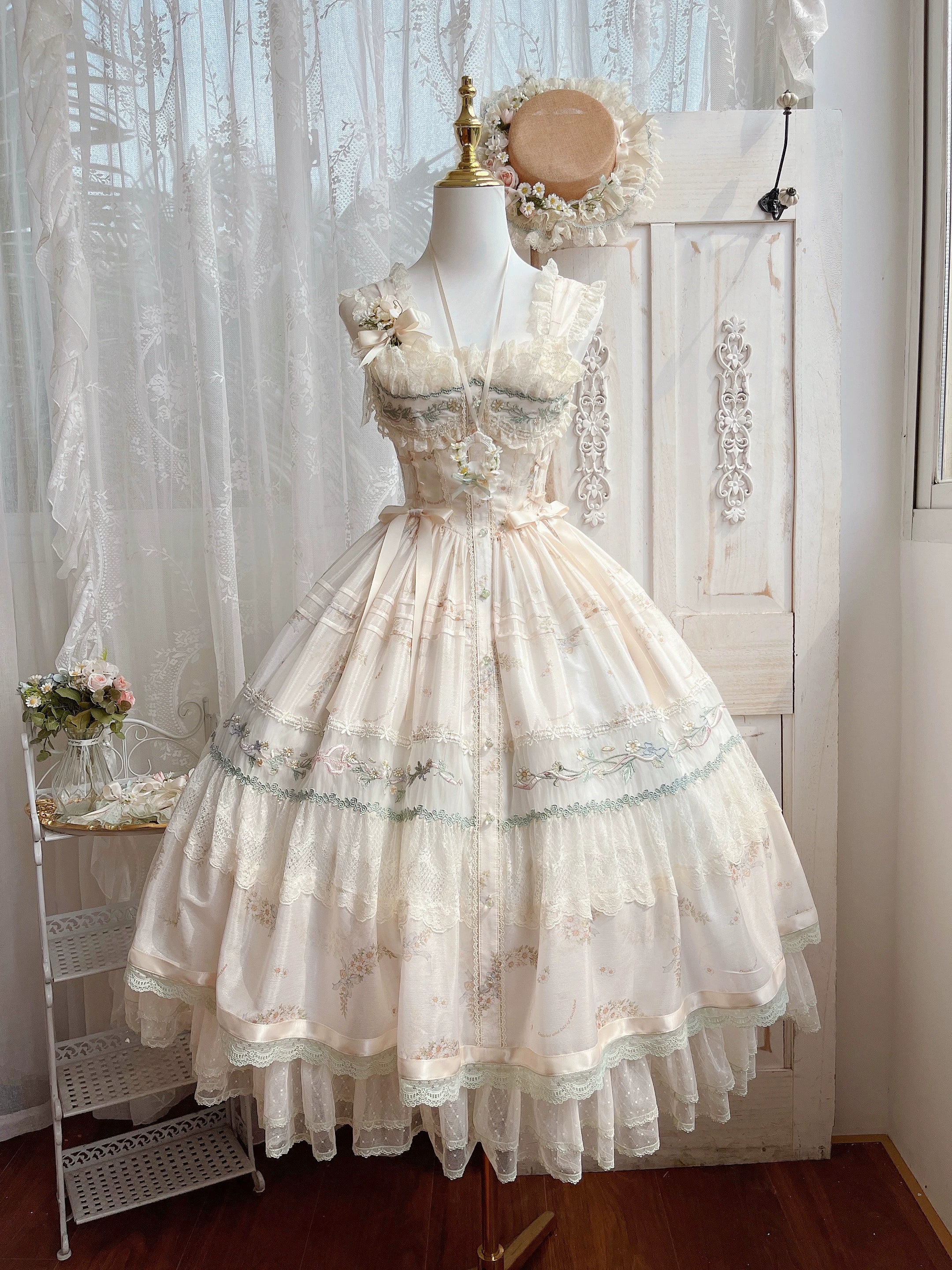 Daisy Poetry - Classic Lolita Lace JSK & OP Dress, Daisy Print and Embroidery 45825:863981
