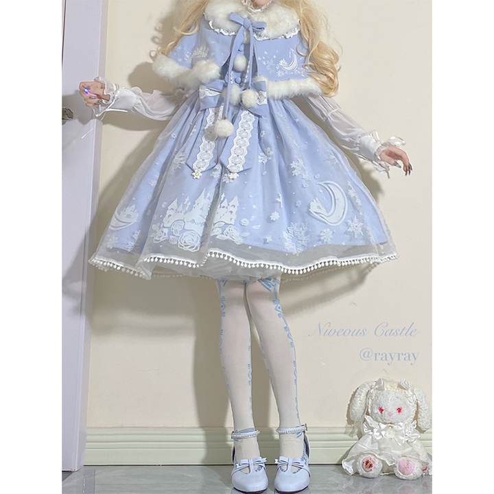 To Alice~Snow Moon Castle~Sweet Lolita Jumper Dress Set Christmas Plush Cape   