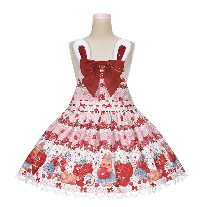 To Alice~Spring Strawberry Bunny~Kawaii Lolita Salopette Dress Hooded Coat and Blouse Light Pink - Salopette Only S