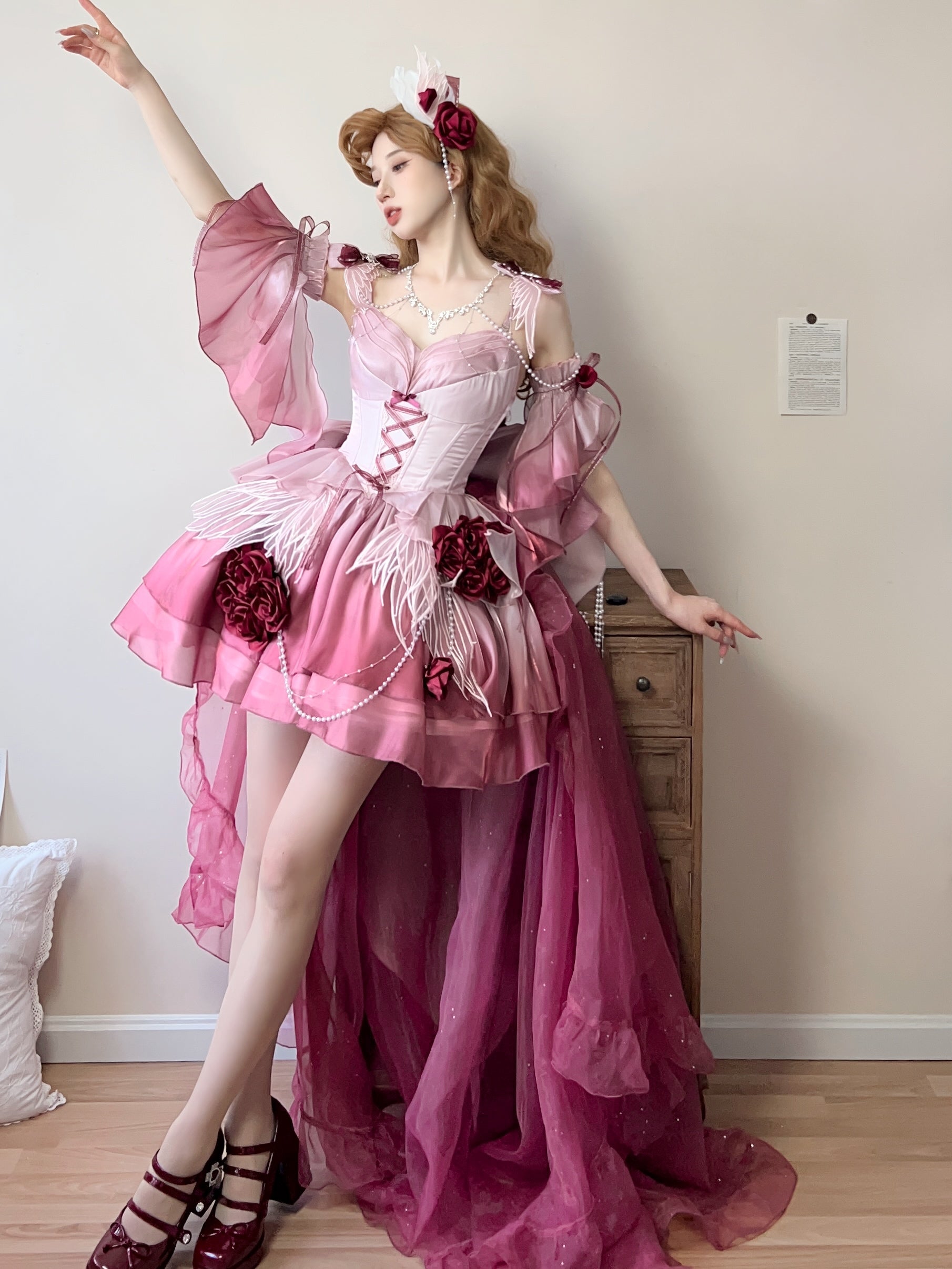 Meowing and fruity - Swan Fantasy - Fairy Lolita Short JSK Ballet-Style Jumper Dress Plum Red - Large Set (JSK+detachable sleeves+trailing set) S