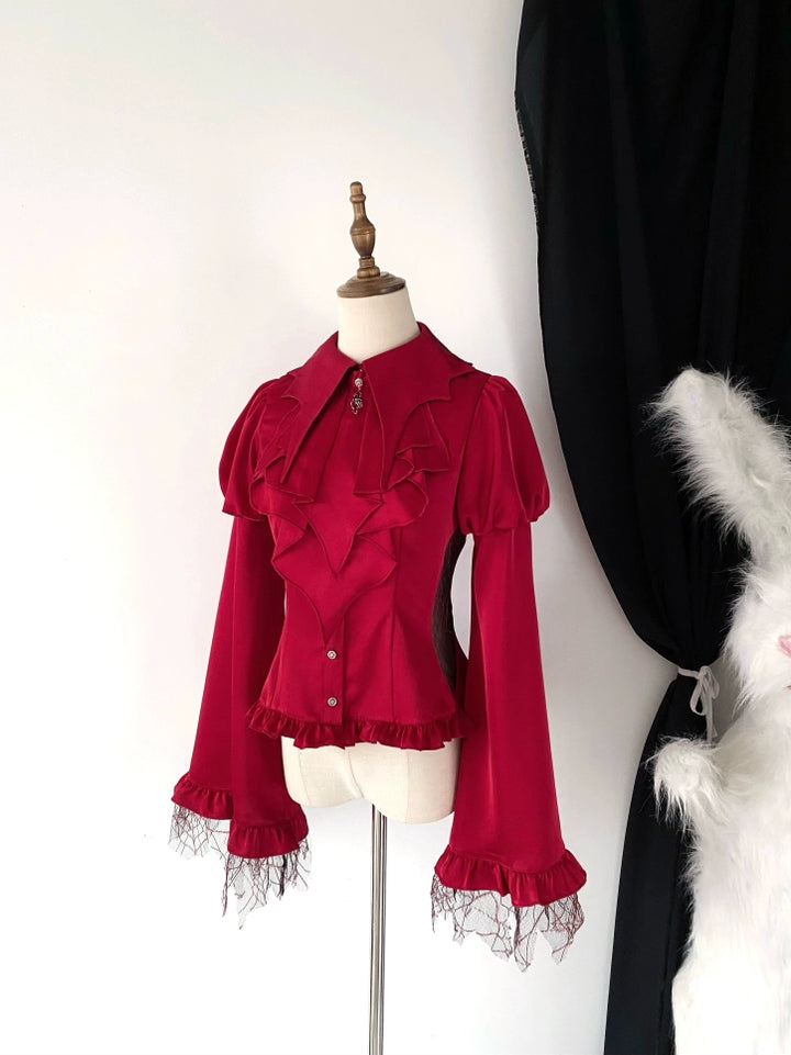 Flower messenger~Gothic Lolita Blouse Long Sleeve Jabot Hollow-out Spider Design S Red shirt + jabot 