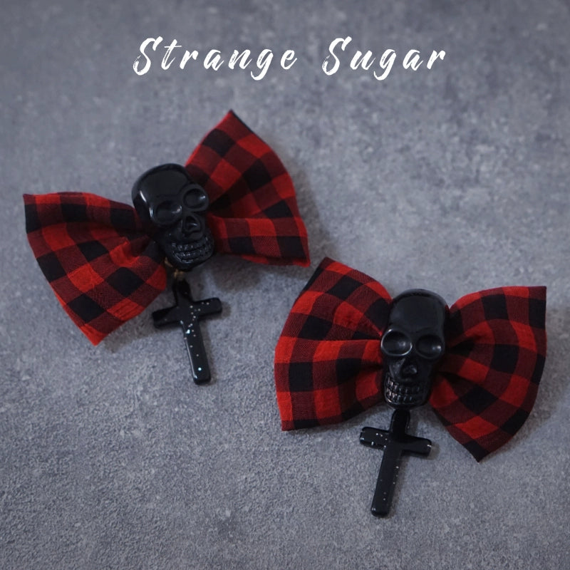 Strange Sugar~Gothic Lolita Side Clips Skull Cross Hair Accessory Red plaid hair clips  