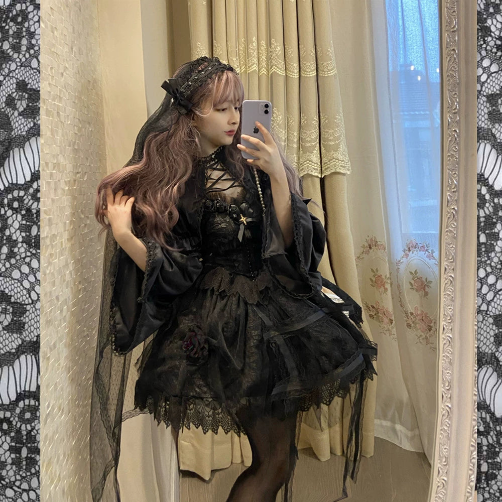 Doujiang - Rose Cage - Gothic Lolita Dress Black Suspender Dress One Size Suspender dress+gloves