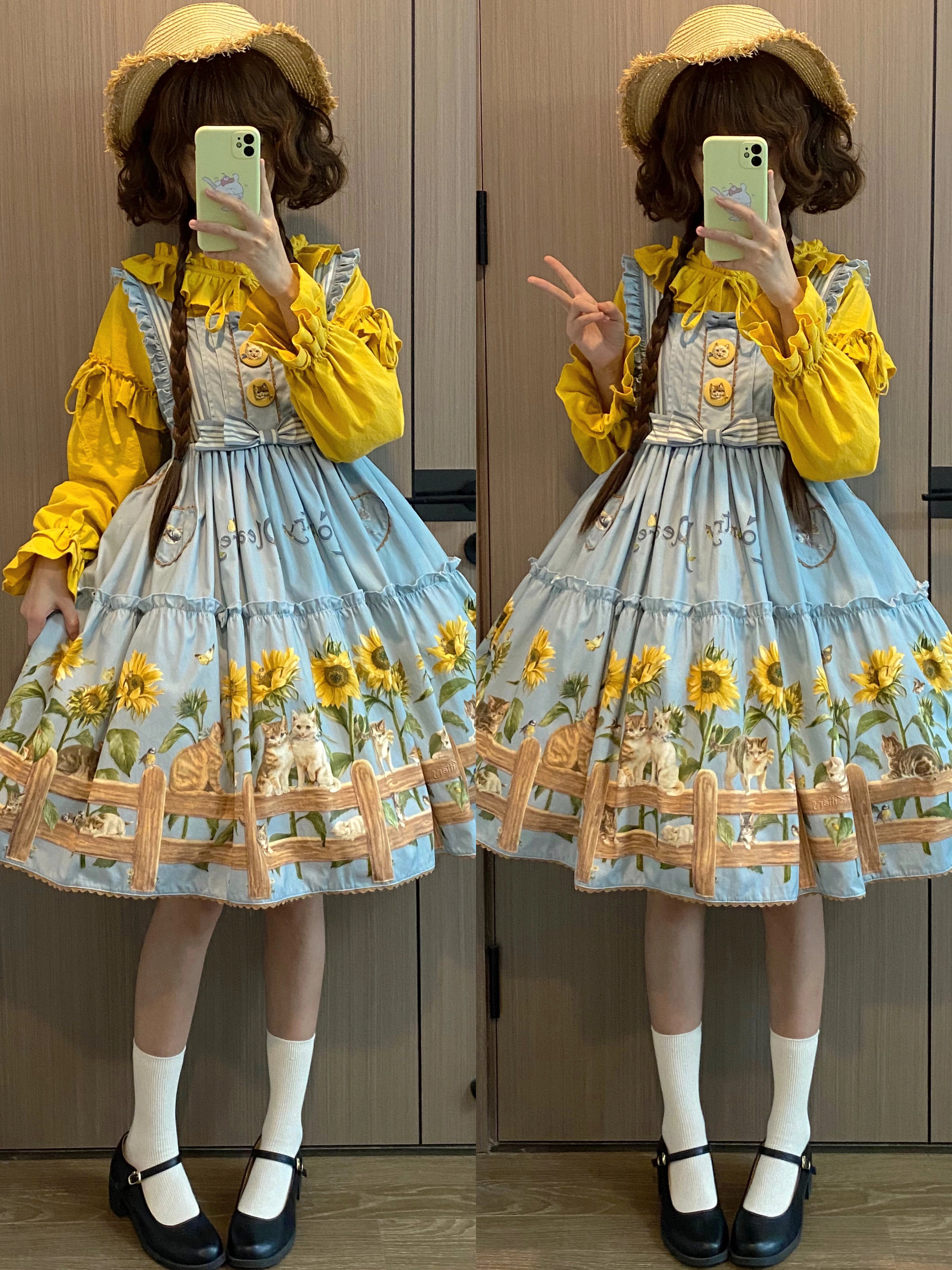 Polaris Lolita - Cat and Sunflower - Sweet Lolita JSK Cat and Sunflower Print Dress and Headdress Set