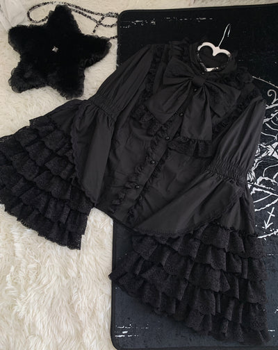(BFM)Plum Tree~Liliya's Secrets~Cotton Lolita Shirt Princess Sleeve Gorgeous Lolita Blouse XS black 