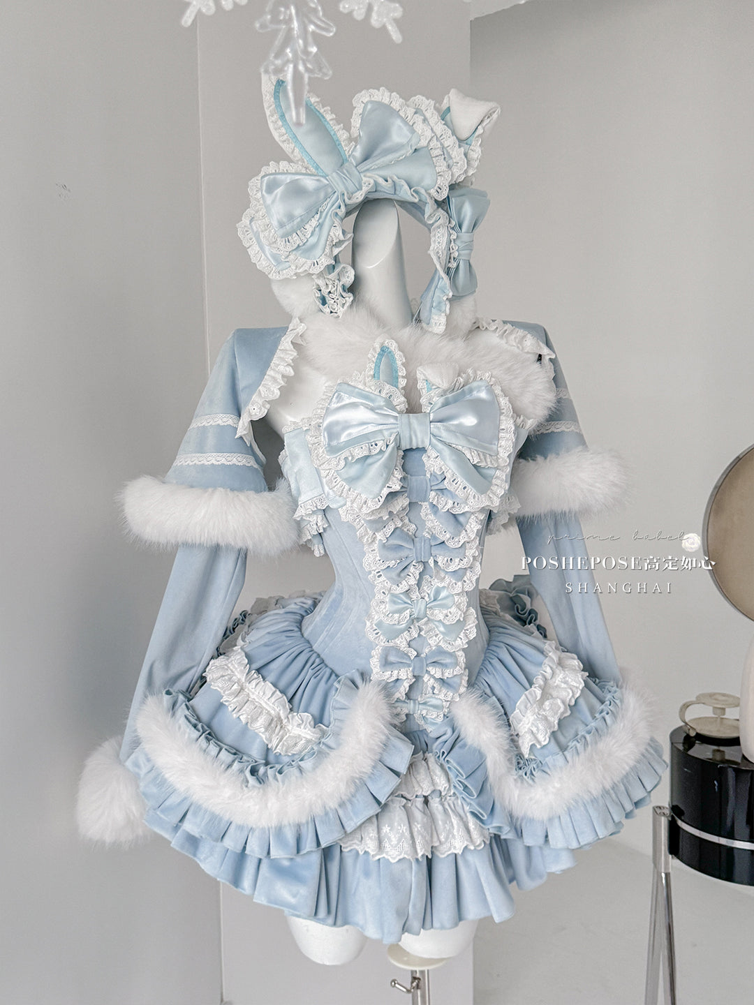 POSHEPOSE~Chuling Swan Lake~Sweet Lolita JSK Set Velvet Blue Dress for Prom JSK + Bolero + KC + White fur halter + Detachable narrow shoulder straps XS